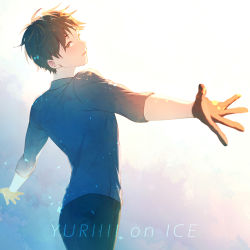 Rule 34 | 1boy, black gloves, black hair, blue shirt, brown eyes, copyright name, expressionless, gloves, gradient background, half-closed eyes, katsuki yuuri, long sleeves, looking at viewer, looking back, male focus, natural wind, outstretched arms, pants, profile, shirt, short hair, simple background, sunlight, yuri!!! on ice