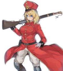 Rule 34 | 1girl, absurdres, alternate costume, belt, black belt, blonde hair, blue eyes, coat, commentary, frown, girls und panzer, gloves, grey gloves, gun, hand on own hip, hat, high collar, highres, holding, holding gun, holding weapon, kshimu, long sleeves, looking at viewer, medium hair, messy hair, military, military hat, military uniform, open mouth, oshida (girls und panzer), over shoulder, pants, poleyn, pouch, red coat, red hat, rifle, shako cap, simple background, solo, standing, uniform, weapon, weapon over shoulder, white background, white pants