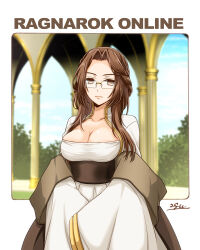 Rule 34 | 1girl, 20nigu, black sash, blue sky, breasts, brown eyes, brown hair, cleavage, cleavage cutout, closed mouth, clothing cutout, cloud, column, commentary request, commission, copyright name, cowboy shot, day, dress, expressionless, glasses, large breasts, long hair, looking at viewer, mature female, niren, parted bangs, pillar, ragnarok online, rectangular eyewear, rimless eyewear, sash, sign, skeb commission, sky, sleeves past fingers, sleeves past wrists, solo, white dress, wide sleeves