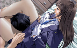 Rule 34 | 1boy, 1girl, bed, blue hair, blush, grabbing another&#039;s breast, breasts, brown hair, cunnilingus, dutch angle, closed eyes, from above, game cg, gloves, grabbing, hana no kioku 4, hetero, leg lock, long hair, miniskirt, necktie, open mouth, oral, pantyhose, sitting, skirt, skyhouse, source request, uniform