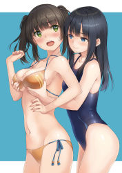 Rule 34 | 2girls, bikini, black hair, blue eyes, blue one-piece swimsuit, blush, grabbing another&#039;s breast, breast lift, breasts, brown hair, closed mouth, cowboy shot, cropped, fang, from side, grabbing, grabbing from behind, green eyes, highres, long hair, medium breasts, multiple girls, navel, non-web source, one-piece swimsuit, open mouth, orange bikini, original, side-tie bikini bottom, sidelocks, simple background, small breasts, smile, string bikini, sweatdrop, swimsuit, twintails, two-tone background, unasaka ryou, wavy mouth, yuri