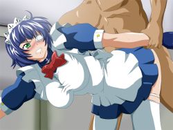 Rule 34 | 00s, 1boy, 1girl, angry, blue hair, blush, breasts, clenched teeth, clothed female nude male, collar, eyepatch, green eyes, hetero, holding another&#039;s wrist, ikkitousen, large breasts, maid, maid headdress, nude, panties, panty pull, ryomou shimei, sex, teeth, thighhighs, underwear, white panties, white thighhighs