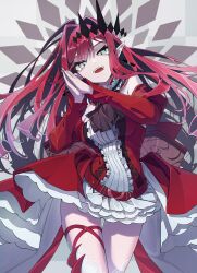 1girl absurdres baobhan_sith_(fate) baobhan_sith_(first_ascension)_(fate) breasts detached_sleeves dress earrings fangs fate/grand_order fate_(series) frilled_dress frills grey_eyes hair_ornament highres jewelry long_hair looking_at_viewer open_mouth own_hands_together pink_hair pointy_ears red_dress sidelocks simple_background smile solo thighs toga_(toganawa)