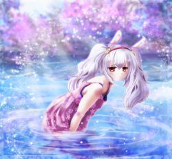 Rule 34 | 1girl, :o, animal ears, arms at sides, azur lane, bare arms, blush, cloud, cloudy sky, commentary request, dress, fake animal ears, floral print, from side, gradient sky, hairband, jitome, laffey (azur lane), leaning forward, looking at viewer, ocean, purple dress, red eyes, sky, solo, sparkle, swimsuit, swimsuit under clothes, tsukiori sasa, twintails, wading, white hair