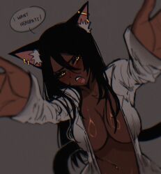 Rule 34 | 1girl, abottleofstars, animal ears, belly piercing, black hair, blush, breasts, cat ears, cat girl, cat tail, cleavage, dark-skinned female, dark skin, dress shirt, earrings, highres, jewelry, large breasts, long hair, looking at viewer, mole, mole under eye, navel, outstretched arms, sharp teeth, shirt, tail, teeth, unbottoned, very long hair, yellow eyes