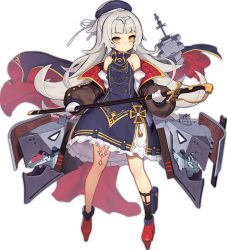 Rule 34 | 1girl, artist request, azur lane, beret, cape, cross, detached sleeves, dress, expressionless, flat chest, full body, gloves, gun, hair ornament, hat, holding, holding weapon, iron cross, long hair, machine gun, mole, mole under eye, official art, sheath, sheathed, shoes, silver hair, solo, sword, tattoo, transparent background, weapon, white gloves, yellow eyes, z46 (azur lane)