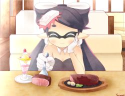 Rule 34 | 1girl, ^ ^, aliasing, bare shoulders, black hair, blush, bow, callie (splatoon), closed eyes, detached collar, earrings, facing viewer, feeding, food, food on head, fork, gloves, hair bow, hair ornament, hand on own cheek, hand on own face, head rest, hinata mirun, holding, holding fork, ice cream, incoming food, indoors, inkling, jewelry, long hair, meat, mole, mole under eye, nintendo, object on head, parfait, plate, pointy ears, pov across table, pov feeding, restaurant, saucer, signature, sitting, smile, solo, splatoon (series), splatoon 1, strapless, swept bangs, table, tentacle hair, whipped cream, white gloves