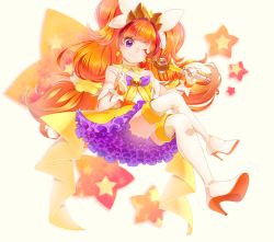 Rule 34 | 1girl, absurdres, amanogawa kirara, boots, brown hair, choker, crossed legs, cure twinkle, earrings, frilled skirt, frills, full body, gloves, go! princess precure, high heel boots, high heels, highres, jewelry, long hair, magical girl, md5 mismatch, multicolored hair, one eye closed, precure, purple eyes, purple skirt, quad tails, red hair, resolution mismatch, sitting, skirt, smile, solo, source smaller, star (symbol), star earrings, streaked hair, thigh boots, thighhighs, twintails, two-tone hair, wand, white footwear, white gloves, yupiteru