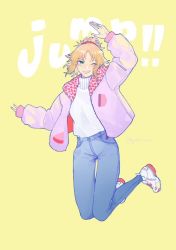 Rule 34 | 1girl, ;d, aisu (shipposama), alternate costume, blonde hair, casual, denim, english text, fate/apocrypha, fate (series), green eyes, highres, jacket, jeans, jumping, mordred (fate), mordred (fate/apocrypha), one eye closed, open mouth, pants, ponytail, red scrunchie, scrunchie, shoes, sleeves past wrists, smile, sneakers, solo, sweater, turtleneck, turtleneck sweater, yellow background