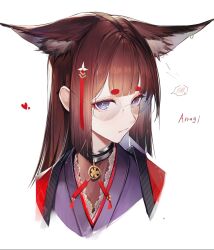 Rule 34 | 1girl, amagi (azur lane), animal ear fluff, animal ears, azur lane, bespectacled, blue eyes, brown hair, character name, closed mouth, cropped shoulders, ear piercing, fox ears, fox girl, glasses, hair ornament, heart, highres, hikimayu, japanese clothes, long hair, looking at viewer, makeup, piercing, portrait, simple background, solo, spoken blush, toki (rumukio), upper body, white background