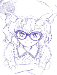 Rule 34 | 1girl, bad id, bad pixiv id, bespectacled, crossed arms, face, female focus, glasses, hat, ikuya koimori, looking at viewer, monochrome, remilia scarlet, short hair, sketch, slit pupils, smile, solo, touhou, tsurime