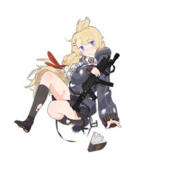 Rule 34 | 1girl, :/, ankle socks, bandaid, bandaid on cheek, bandaid on face, bandaid on thigh, black skirt, black socks, blonde hair, blue eyes, blunt bangs, blush, book, colored shoe soles, dropping, feet, full body, girls&#039; frontline, grey footwear, grey hoodie, gun, hair bobbles, hair ornament, hair ribbon, hairclip, holding, holding gun, holding weapon, hood, hoodie, layered legwear, long hair, long sleeves, official art, open book, pandegg, patch, paw print soles, pleated skirt, ponytail, pp-19-01 (girls&#039; frontline), pp-19-01 vityaz, red ribbon, red star, ribbon, shoes, shoulder patch, simple background, single shoe, skirt, socks, solo, star (symbol), submachine gun, toes, topknot, transparent background, tripping, v-shaped eyebrows, very long hair, weapon