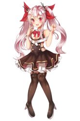 Rule 34 | 1girl, :d, absurdres, artist request, azur lane, boots, bow, collar, dress, fang, hair between eyes, hair bow, hair ornament, high heels, highres, long hair, open mouth, red eyes, silver hair, smile, solo, thigh boots, thighhighs, twintails, vampire (azur lane)