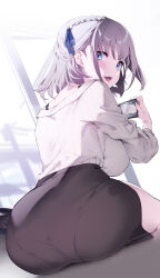 Rule 34 | 1girl, ass, ass focus, back, blush, breasts, brown skirt, green eyes, grey hair, highres, hololive, large breasts, long sleeves, looking at viewer, looking back, off-shoulder sweater, off shoulder, pantylines, pencil skirt, shirogane noel, shirogane noel (casual), sitting, skirt, smile, solo, sweater, virtual youtuber, white sweater, yaguo