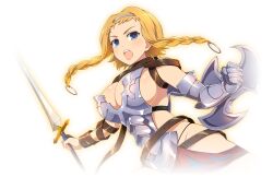 Rule 34 | 1girl, armor, blonde hair, boots, braid, breastplate, buckle, collaboration, curvy, hairband, holding, holding sword, holding weapon, jumping, leina (queen&#039;s blade), lips, looking at viewer, official art, open mouth, queen&#039;s blade, revealing clothes, senran kagura, senran kagura new link, shield, shiny skin, short hair with long locks, side braid, solo, sword, thong, transparent background, twin braids, weapon, yaegashi nan