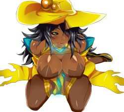 Rule 34 | 1girl, absurdres, alternate color, alternate eye color, alternate hair color, bare shoulders, black hair, black sclera, blazblue, blush, breasts, breath, brown thighhighs, cleavage, colored sclera, dark-skinned female, dark skin, detached sleeves, from above, full body, green eyes, hair over one eye, hat, highres, konoe a. mercury, large breasts, long hair, looking at viewer, nightmare-doom, seductive smile, shiny skin, sitting, smile, solo, sweat, thighhighs, wariza, witch, witch hat