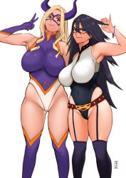 Rule 34 | 2girls, absurdres, bare shoulders, belt, black hair, black legwear, blonde hair, blue eyes, boku no hero academia, boots, breasts, cameltoe, closed mouth, covered navel, cuffs, domino mask, fake horns, garter straps, gloves, gluteal fold, handcuffs, highleg, highleg leotard, highres, horns, impossible clothes, jnsdh, large breasts, leotard, long hair, looking at viewer, mask, midnight (boku no hero academia), mount lady, multiple girls, purple gloves, red eyes, simple background, sleeveless, smile, thigh boots, thighhighs, v, white background