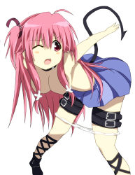 Rule 34 | 10s, 1girl, angel beats!, ankle lace-up, bent over, blush, breasts, choker, cross-laced footwear, demon tail, long hair, no bra, one eye closed, open mouth, panties, panty pull, pink hair, red eyes, short twintails, skirt, solo, tail, thigh strap, topless, twintails, two side up, underwear, usotsuki makuru, white panties, wince, wink, yui (angel beats!)