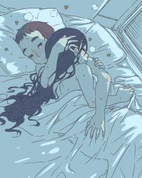 Rule 34 | 2girls, aftersex, arm grab, blush, brown hair, closed eyes, hand in another&#039;s hair, hand on another&#039;s head, heart, long hair, m k, multiple girls, nose blush, original, pillow, short hair, sweat, under covers, wife and wife, yuri