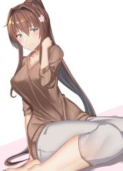 Rule 34 | 1girl, bad id, bad twitter id, blush, breasts, brown eyes, brown hair, brown sweater, casual, closed mouth, collarbone, flower, hair flower, hair intakes, hair ornament, highres, kantai collection, large breasts, long hair, looking at viewer, pallad, pants, ponytail, sidelocks, simple background, smile, solo, sweater, twisted torso, two-tone background, very long hair, white background, white pants, yamato (kancolle)