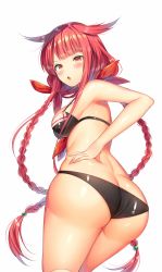 Rule 34 | 10s, 1girl, adapted costume, ass, bikini, black bikini, black panties, blush, braid, breasts, butt crack, cowboy shot, from behind, gradient hair, hair flaps, hair ribbon, hand on own hip, highres, kantai collection, kawakaze (kancolle), kawakaze kai ni (kancolle), long hair, looking at viewer, medium breasts, multicolored hair, ntk (7t5), open mouth, orange eyes, panties, red hair, ribbon, shiny clothes, shiny skin, sideboob, simple background, skindentation, solo, swimsuit, twin braids, twintails, underwear, upper body, very long hair, white background