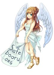 Rule 34 | 1girl, absurdres, ancient greek clothes, angel, aqua eyes, brown hair, chiton, dress, greco-roman clothes, highres, long hair, mascot, safebooru, sandals, smile, solo, transparent background, wings