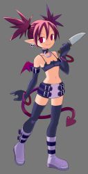 Rule 34 | 1girl, black thighhighs, boots, choker, demon girl, demon tail, demon wings, disgaea, earrings, elbow gloves, etna (disgaea), fang, female focus, flowers-imh, full body, gloves, grey background, highres, holding, holding knife, jewelry, knife, looking at viewer, pointy ears, purple hair, simple background, skin fang, skirt, skull earrings, solo, tail, thighhighs, twintails, wings