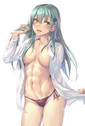 Rule 34 | 1girl, abs, aqua hair, blush, breasts, collarbone, commission, green eyes, hair between eyes, hair ornament, hairclip, hand in own hair, highres, kantai collection, kokuzou, large breasts, long hair, looking at viewer, open clothes, open mouth, open shirt, panties, purple panties, shirt, side-tie panties, sidelocks, simple background, skeb commission, solo, suzuya (kancolle), underwear, white background, white shirt