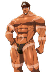 Rule 34 | 1boy, abs, arm tattoo, bara, bare shoulders, brown eyes, brown hair, bulge, clenched hand, facial mark, hand on own hip, headband, highres, long sideburns, looking at viewer, male focus, muscular, nipples, pointy ears, sideburns, simple background, solo, spiked hair, standing, stomach tattoo, tangaroa (housamo), tattoo, tokyo houkago summoners, white background, white hair
