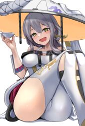 Rule 34 | 1girl, arm guards, armor, breasts, cleavage, clothing cutout, collarbone, goddess of victory: nikke, grey hair, hair between eyes, hat, highres, hip vent, holding, japanese armor, jingasa, large hat, leotard, long hair, looking at viewer, medium breasts, scarlet (nikke), solo, sunao (70 the), white leotard, yellow eyes