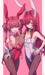 Rule 34 | 2girls, ;), absurdres, alternate costume, ange katrina, animal ears, blue eyes, breast press, breasts, brown pantyhose, chilidog (lumchan777), fake animal ears, fang, flat chest, gloves, heterochromia, highres, hololive, houshou marine, large breasts, leotard, long hair, looking at viewer, multiple girls, nijisanji, one eye closed, open mouth, pantyhose, pink background, playboy bunny, rabbit ears, red eyes, red hair, revision, smile, standing, twintails, two-tone background, virtual youtuber, white gloves