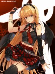 Rule 34 | 1girl, animal print, bare shoulders, bat wings, black gloves, butterfly print, celtic cross, chain, collar, crop top, cross, cross necklace, derivative work, detached sleeves, ear piercing, fingerless gloves, garter straps, gloves, goth fashion, gothic anime angel (suzuhira hiro), heart, highres, jewelry, large cross, long hair, looking at viewer, miniskirt, mouth hold, nail polish, navel, necklace, necktie, orange hair, original, piercing, plaid, plaid skirt, red nails, red necktie, safety pin, single glove, single sleeve, skirt, solo, spider web print, srinitybeast, thighhighs, very long hair, wings, yellow eyes