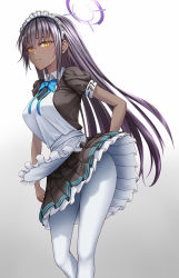 Rule 34 | 1girl, apron, arm behind back, blue archive, blue bow, blue bowtie, bow, bowtie, breasts, closed mouth, dark-skinned female, dark skin, feet out of frame, halo, highres, karin (blue archive), long hair, looking at viewer, maid, maid headdress, medium breasts, naga (pixiv70891418), pantyhose, purple hair, solo, standing, unhappy, white apron, white background, white pantyhose, yellow eyes