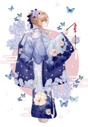 Rule 34 | 1girl, absurdres, abyss of alyss, alternate costume, blonde hair, blue butterfly, blue flower, blue kimono, blue rose, bug, butterfly, commentary, facing away, floral print, flower, full body, genshin impact, hair flower, hair ornament, highres, holding, holding lantern, insect, japanese clothes, kimono, lantern, looking at viewer, looking back, lumine (genshin impact), rose, short hair, short hair with long locks, simple background, white background, white flower, white rose, yellow eyes