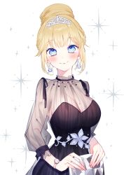 Rule 34 | 1girl, absurdres, bead necklace, beads, black dress, blonde hair, blue eyes, blush, breasts, chiyomaru (yumichiyo0606), cleavage, closed mouth, collar, commentary, diamond earrings, dress, earrings, frilled collar, frills, hair bun, highres, holding, hololive, hololive english, jewelry, looking at viewer, medium breasts, mole, mole on breast, necklace, official alternate costume, see-through, see-through sleeves, short hair, simple background, single hair bun, smile, solo, sparkle, symbol-only commentary, tiara, upper body, virtual youtuber, watch, watson amelia, watson amelia (party dress), white background, wristwatch