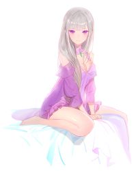 Rule 34 | 10s, 1girl, arm support, bad id, bad pixiv id, bare legs, barefoot, between legs, blunt bangs, blush scarlet, breasts, cleavage, closed mouth, colored eyelashes, crystal, detached sleeves, dress, elf, emilia (re:zero), eyebrows, frilled dress, frills, grey hair, hair down, kneeling, long hair, looking at viewer, medium breasts, nightgown, on bed, pointy ears, purple dress, purple eyes, re:zero kara hajimeru isekai seikatsu, revision, short dress, simple background, sitting, sketch, solo, wariza, white background