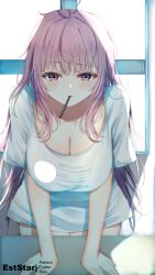 Rule 34 | 1girl, ahoge, artist name, aties20, blunt bangs, blush, breasts, cleavage, commentary, fingernails, highres, hololive, hololive english, large breasts, leaning forward, lips, long hair, looking at viewer, messy hair, mori calliope, mouth hold, nail polish, patreon username, pink eyes, pink hair, pink nails, pixiv username, raised eyebrow, shirt, solo, t-shirt, thighs, twitter username, virtual youtuber, white shirt