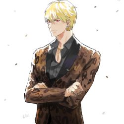 Rule 34 | 10s, 1boy, animal print, bad id, bad pixiv id, blonde hair, crossed arms, earrings, fate/extra, fate/extra ccc, fate (series), gilgamesh (fate), jacket, jewelry, lancelot (smalock), leopard print, male focus, official alternate costume, red eyes, simple background, solo