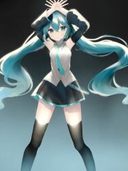 Rule 34 | 1girl, absurdres, arms up, backlighting, blue eyes, blue hair, blush, crossed wrists, detached sleeves, feet out of frame, gradient background, hatsune miku, highres, long hair, long sleeves, looking at viewer, necktie, parted lips, pleated skirt, shirt, skirt, sleeveless, sleeveless shirt, solo, suiren nei, thighhighs, twintails, very long hair, vocaloid