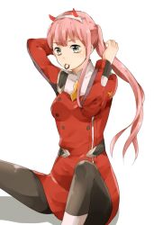 Rule 34 | 10s, 1girl, black pantyhose, darling in the franxx, dress, green eyes, hairband, horns, long hair, long sleeves, military, military uniform, mouth hold, pantyhose, pink hair, ponytail, red dress, short dress, simple background, sitting, solo, tying hair, uniform, very long hair, white background, white hairband, woumu, yellow neckwear, zero two (darling in the franxx)