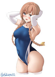 Rule 34 | 1girl, armpits, arms up, blue one-piece swimsuit, blush, braid, breasts, cleavage, collarbone, competition swimsuit, cowboy shot, ebifurya, elbow gloves, gloves, grey eyes, highleg, highleg swimsuit, highres, kantai collection, large breasts, light brown hair, long hair, looking at viewer, multicolored clothes, multicolored swimsuit, one-piece swimsuit, simple background, skin tight, smile, solo, swimsuit, teruzuki (kancolle), thighhighs, thighs, twin braids, twitter username, white background, white gloves, white thighhighs
