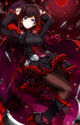 Rule 34 | 1girl, arms up, boots, brown hair, brown pantyhose, cape, cross, cross-laced footwear, doko tetora, dress, highres, lace-up boots, looking at viewer, moon, pantyhose, petals, purple eyes, ruby rose, rwby, scythe, short hair, solo, star (symbol)