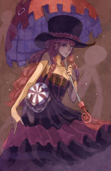 Rule 34 | 1girl, bad id, bad pixiv id, bare shoulders, black dress, braid, breasts, cleavage, dress, expressionless, female focus, flower, ghost, gothic lolita, hat, hat flower, highres, kumacy, lolita fashion, long dress, long hair, matching hair/eyes, one piece, perona, pink eyes, pink hair, pipay, rose, sabaody archipelago, solo, strapless, striped clothes, striped headwear, stuffed animal, stuffed toy, teddy bear, top hat, twin braids, umbrella