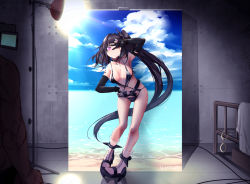 Rule 34 | 1boy, 1girl, architect (girls&#039; frontline), architect (nvw model) (girls&#039; frontline), bed, belt, black hair, black one-piece swimsuit, blue sky, breasts, cloud, cloudy sky, collarbone, cuffs, elbow gloves, girls&#039; frontline, gloves, grin, hand on own hip, handcuffs, indoors, long hair, looking at viewer, medium breasts, mishima hiroji, nail polish, navel, one-piece swimsuit, one eye closed, partially fingerless gloves, pink eyes, pink nails, side ponytail, sky, smile, solo focus, standing, swimsuit, very long hair, w