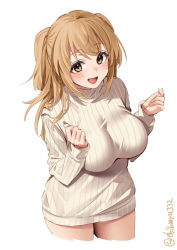 Rule 34 | 1girl, alternate costume, blush, breasts, brown eyes, cowboy shot, cropped legs, ebifurya, highres, i-26 (kancolle), kantai collection, large breasts, light brown hair, long hair, looking at viewer, no pants, open mouth, ribbed sweater, smile, solo, sweater, turtleneck, turtleneck sweater, twitter username, two side up, white background