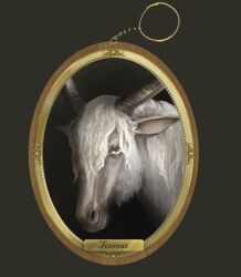 Rule 34 | animal, animal ears, black horns, chain, charm (object), dark green background, dovahcaine, elden ring, gold, gold chain, green eyes, hair over one eye, horns, horse, horse ears, long hair, looking at viewer, portrait, simple background, torrent (elden ring), two-sided horns, white hair