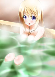 Rule 34 | 10s, 1girl, :d, bathing, bathtub, blonde hair, breasts, charlotte dunois, cleavage, highres, in water, infinite stratos, jewelry, knees up, long hair, necklace, open mouth, purple eyes, smile, steam, sumeragi tomo