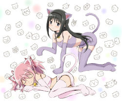 Rule 34 | 2girls, akemi homura, all fours, animal ears, animal hands, bell, black hair, cat ears, cat girl, cat paws, cat tail, cathead, closed eyes, hairband, kaname madoka, kinfuji, long hair, lying, mahou shoujo madoka magica, mahou shoujo madoka magica (anime), multiple girls, neck bell, on side, pink hair, purple eyes, short hair, short twintails, simple background, skirt, sleeping, tail, tank top, twintails
