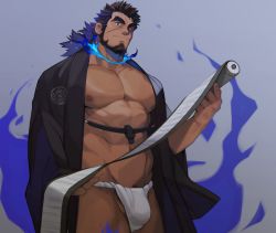 Rule 34 | 1boy, bara, beard, black hair, blue fire, commentary request, dark-skinned male, dark skin, facial hair, facial scar, fire, forked eyebrows, highres, large pectorals, looking at viewer, male focus, mature male, muscular, muscular male, pectorals, sandayu (housamo), scar, scar on cheek, scar on face, short hair, smile, solo, tarutoru, tokyo houkago summoners