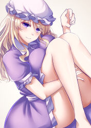 Rule 34 | 1girl, barefoot, blonde hair, breasts, closed mouth, commentary request, dress, hat, highres, large breasts, long hair, looking at viewer, maribel hearn, mirufui, mob cap, purple dress, purple eyes, short sleeves, simple background, smile, solo, touhou, white hat